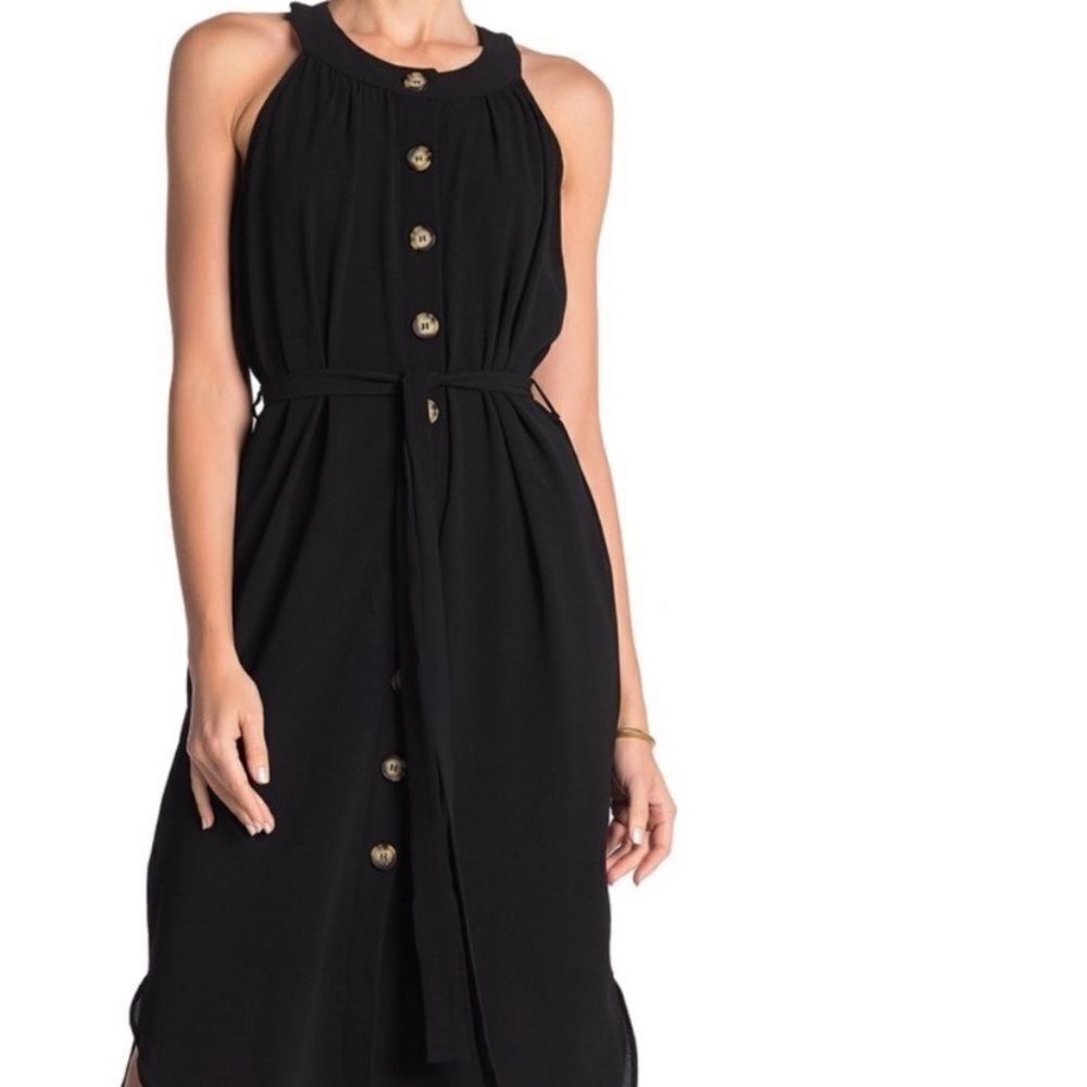 ECI Black Sleeveless Button Down Textured Midi Halter Dress‎ Size XL